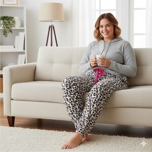 New Bobbie Brooks Fleece Pajamas Pants Leopard Lounge Cream Tan Pink Sleep PJ 2X